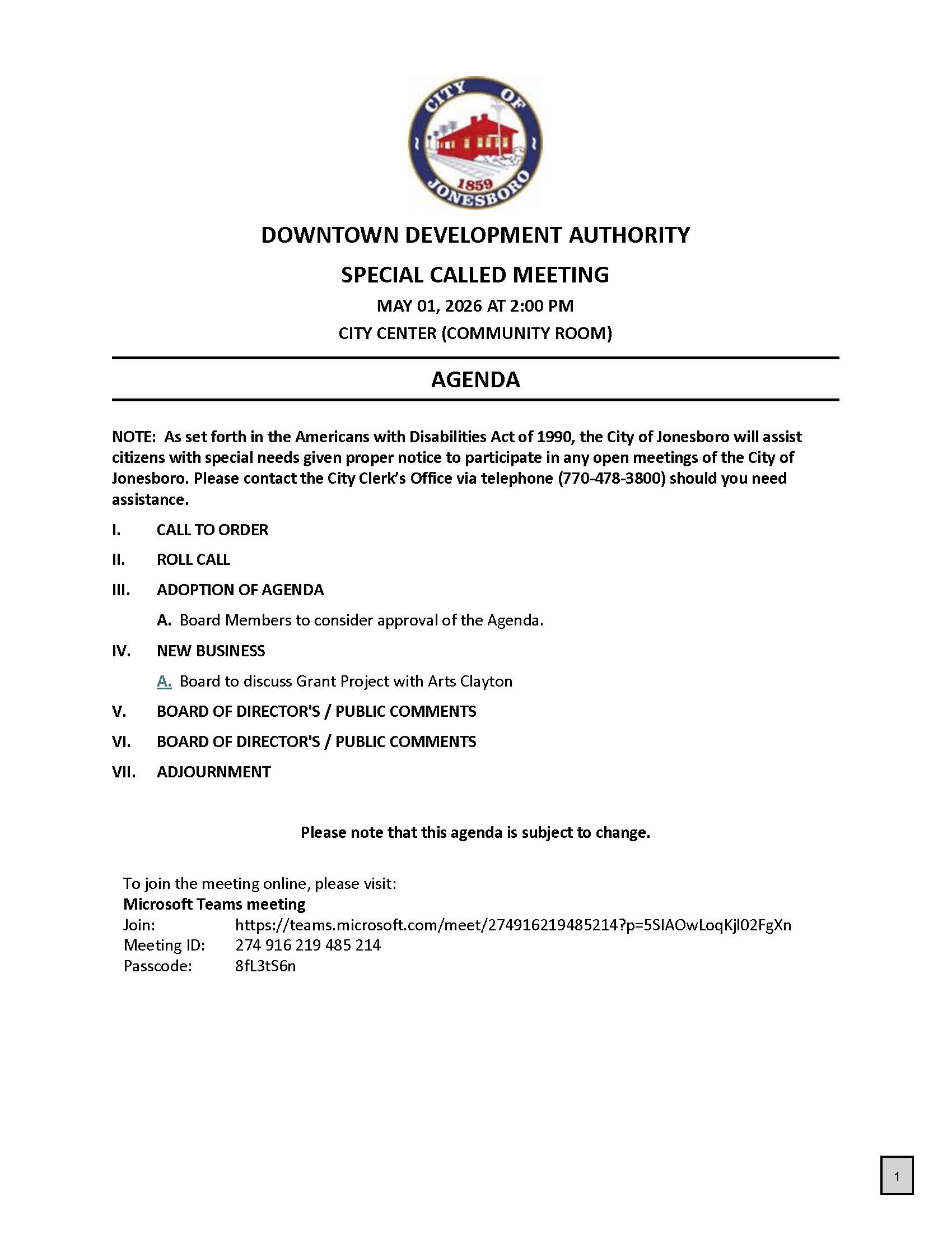 DDA SPECIAL CALLED MEETING